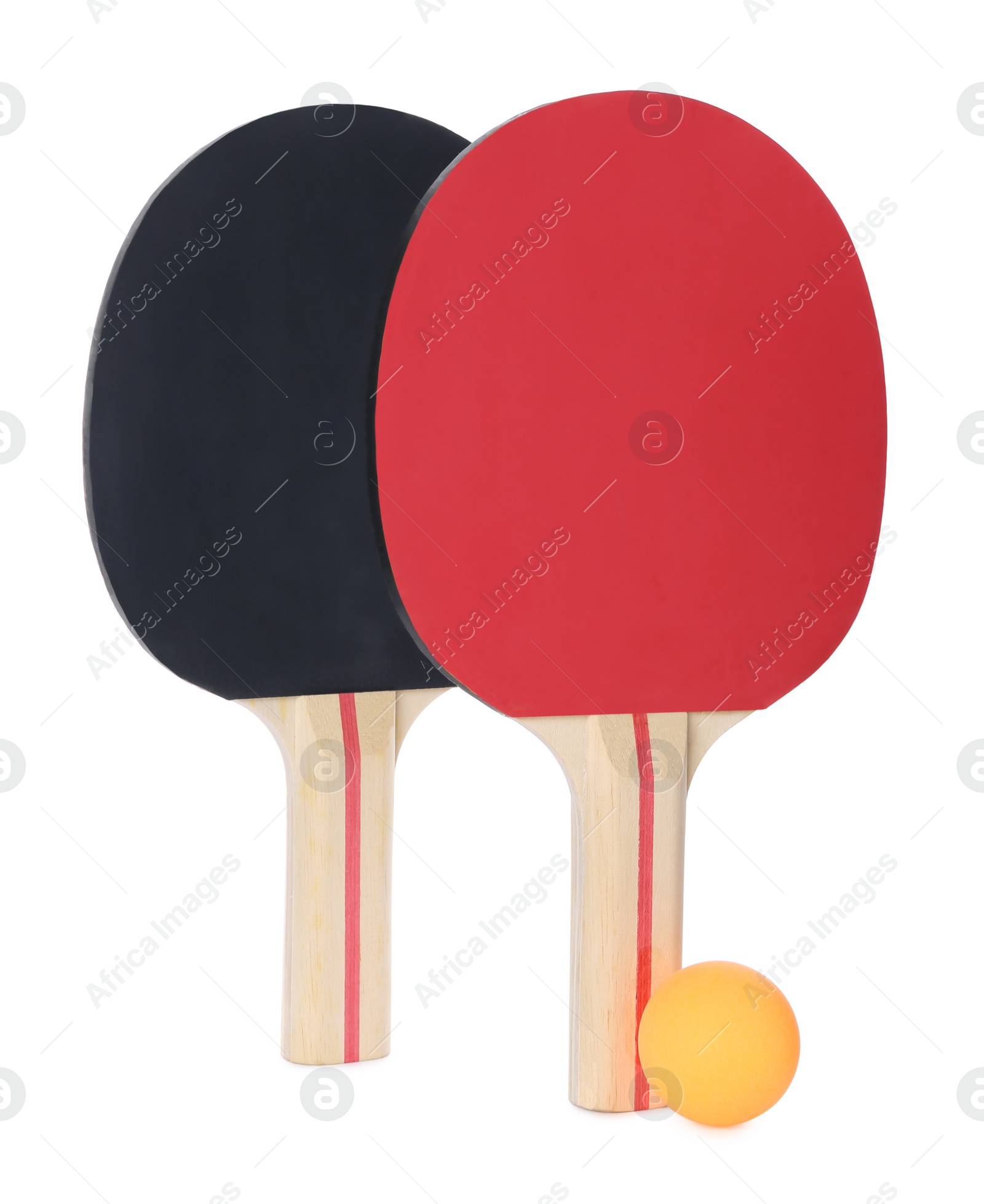 Photo of Orange plastic ball and rackets for table tennis on white background