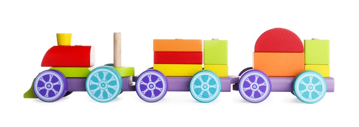 Photo of Colorful wooden toy train isolated on white