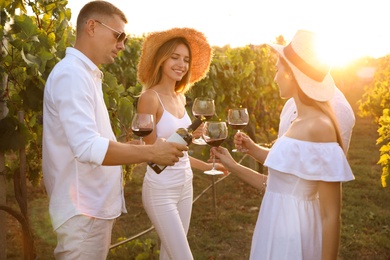 Photo of Friends tasting red wine in vineyard on sunny day
