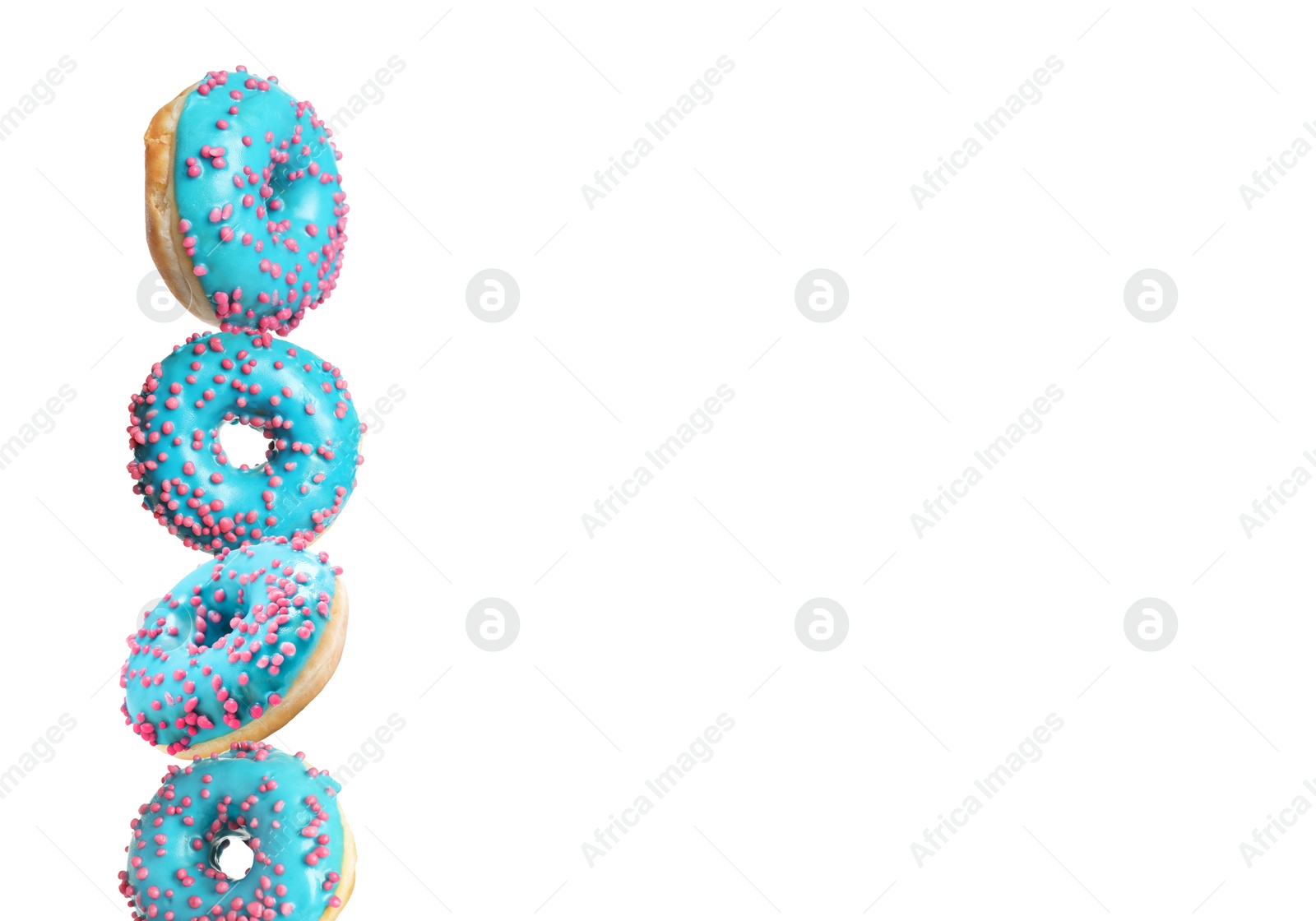 Image of Tasty donuts with sprinkles on white background