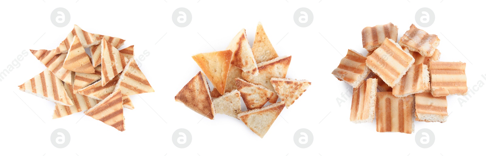 Image of Set with delicious crispy pita chips on white background, top view. Banner design