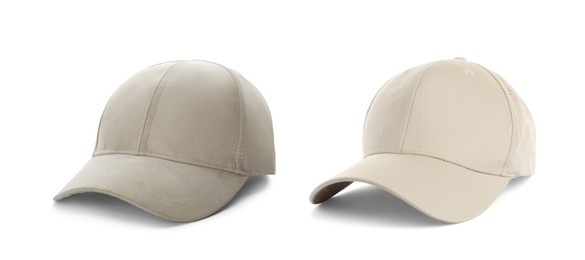 Different baseball caps on white background, collage. Mock up for design