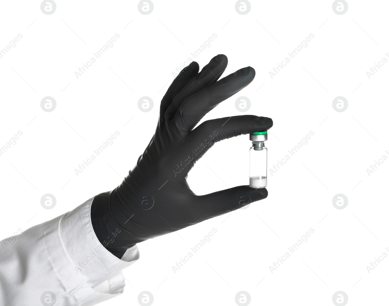 Photo of Doctor in medical glove holding vial on white background