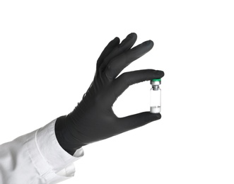 Photo of Doctor in medical glove holding vial on white background