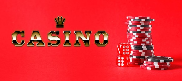 Illustration of Word Casino, poker chips and dice on red background. Banner design