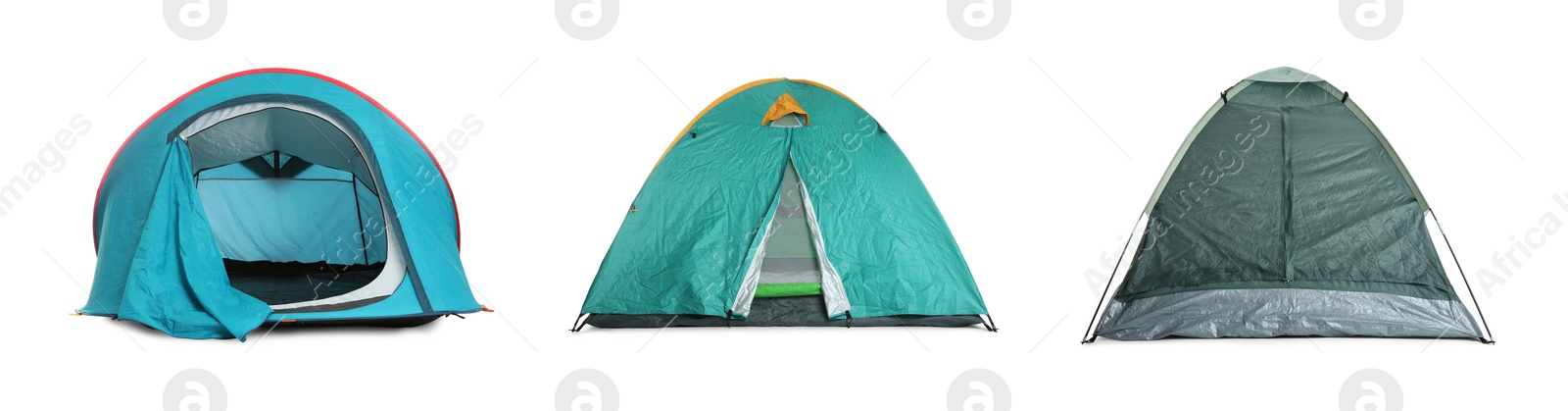 Image of Set with different bright camping tents on white background. Banner design