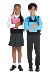 Happy children in school uniform on white background