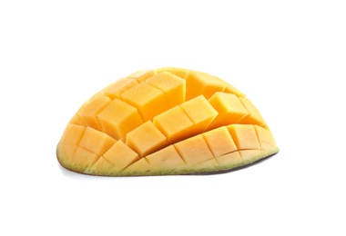 Photo of Cut ripe mango on white background. Tropical fruit