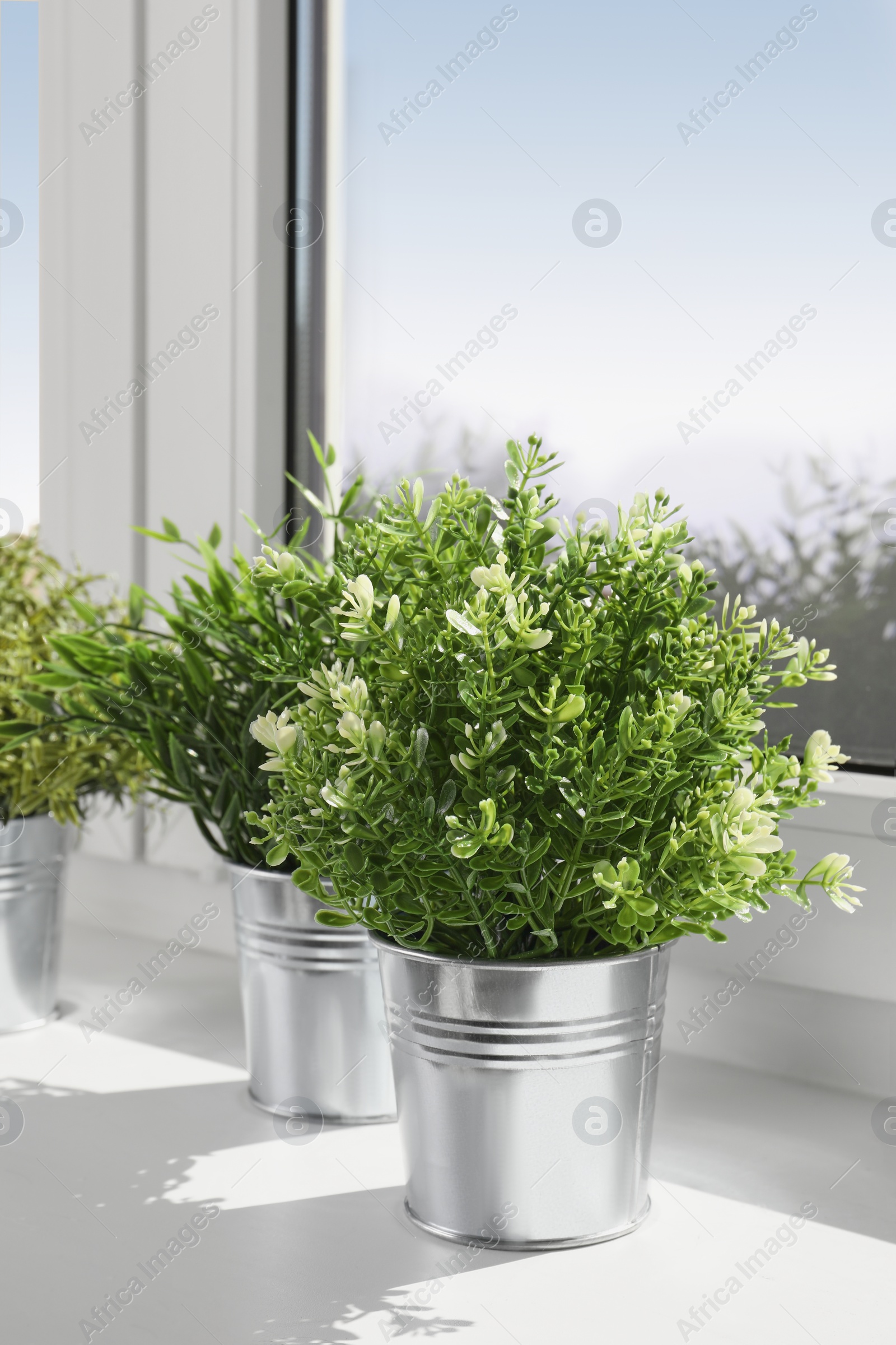 Photo of Artificial potted herbs on sunny day on windowsill indoors. Home decor