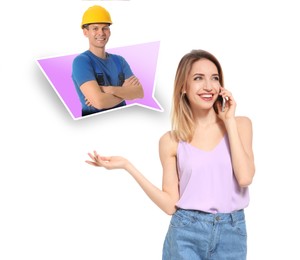 Young woman calling professional repairman on white background