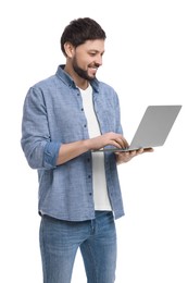 Photo of Happy man with laptop on white background