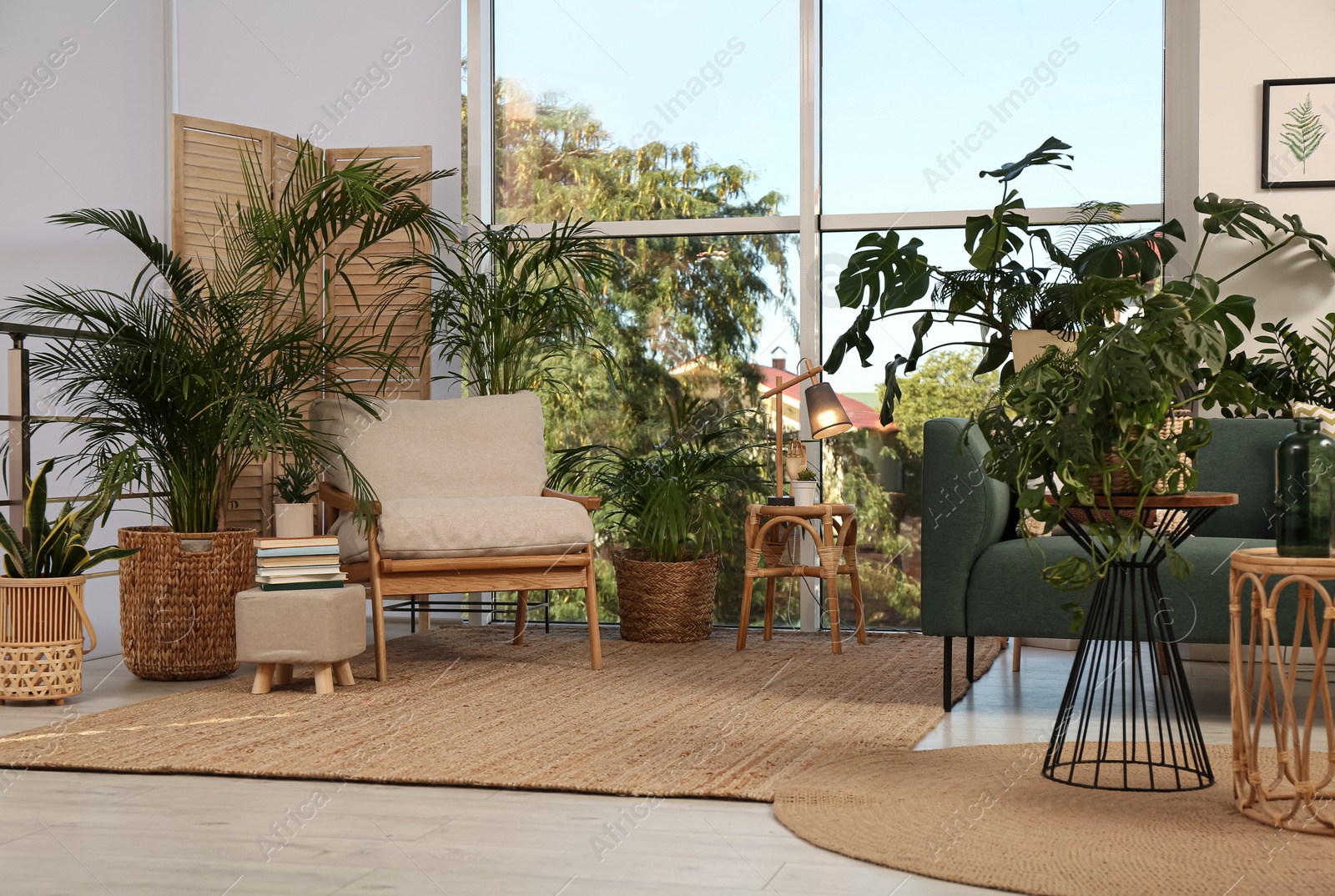 Photo of Stylish room interior with comfortable furniture and different exotic houseplants