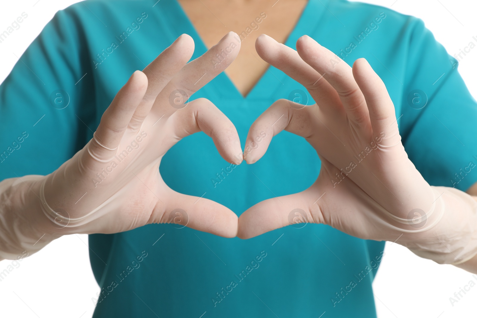 Photo of Doctor in medical gloves making heart with her hands on white background, closeup