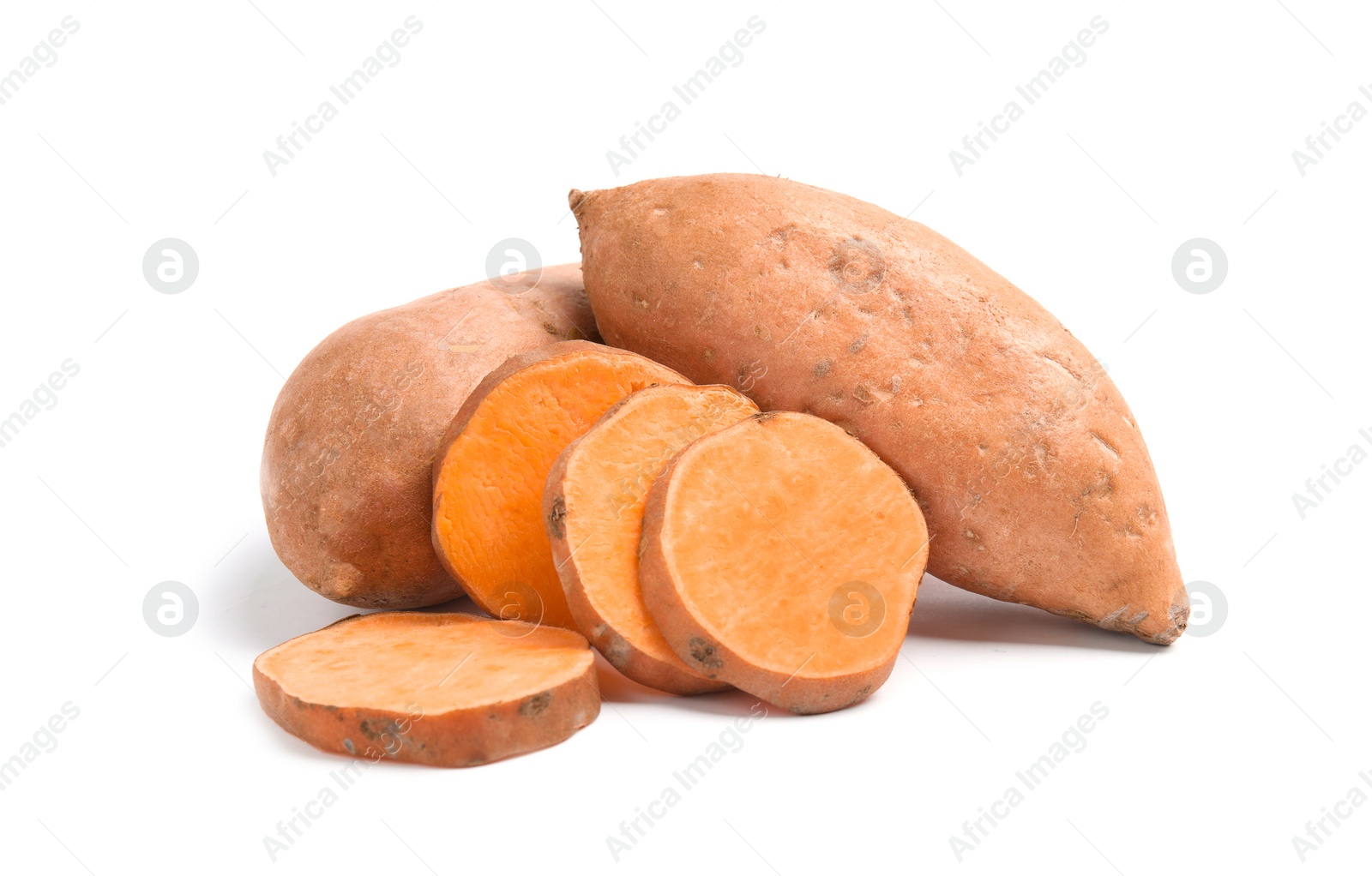 Photo of Fresh ripe sweet potatoes on white background