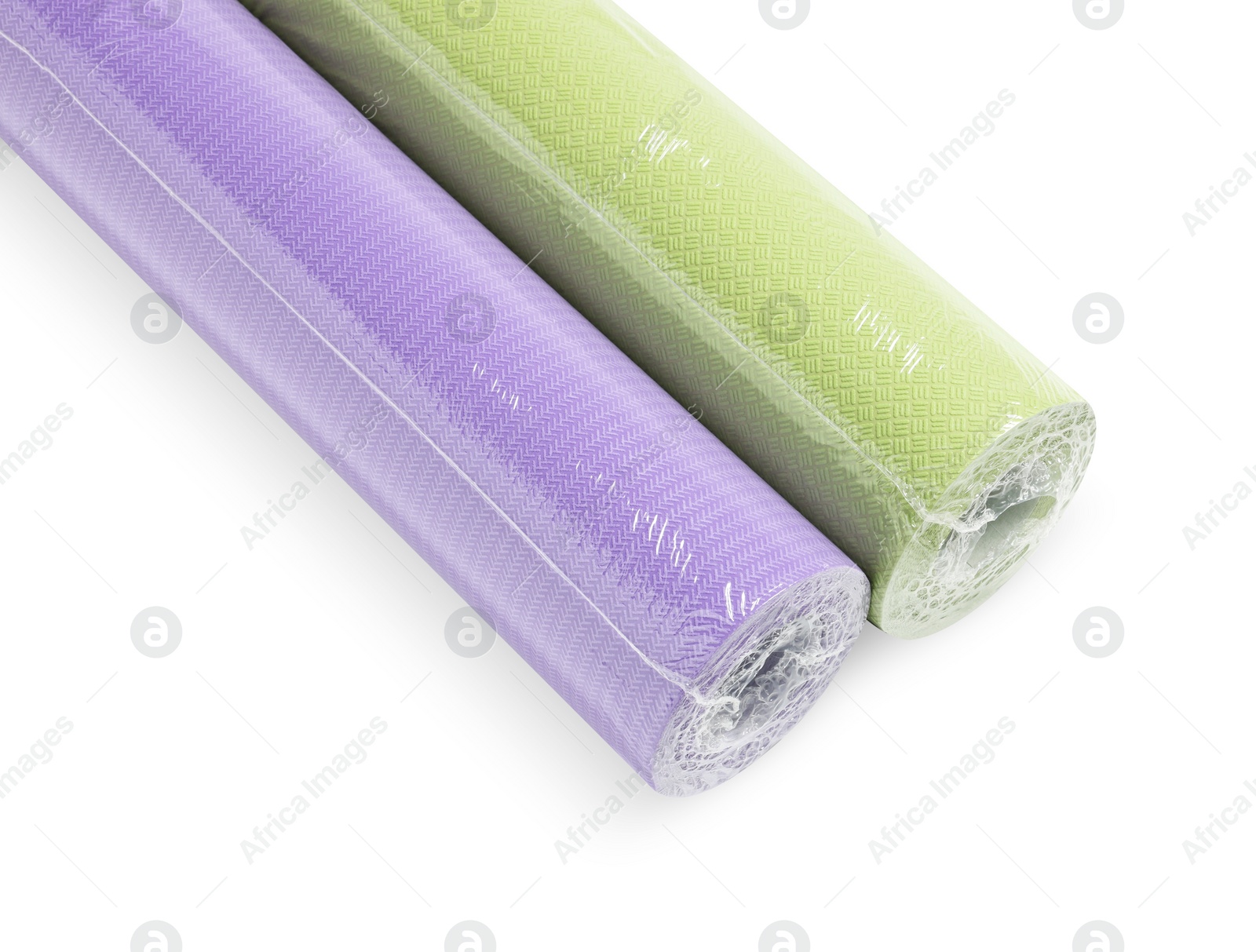 Photo of Two colorful wallpaper rolls isolated on white