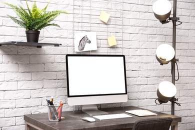 Home workplace with modern computer and desk in room. Mockup for design