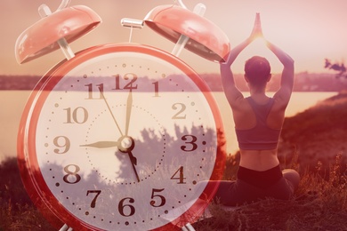 Time to do morning exercises. Double exposure of woman practicing yoga near river and alarm clock, color toned