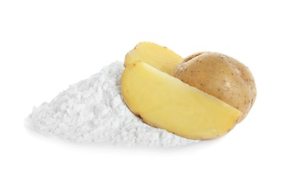 Photo of Heap of starch and fresh potatoes on white background