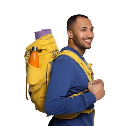 Photo of Happy tourist with backpack on white background