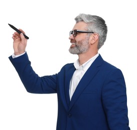 Photo of Mature businessman with marker on white background