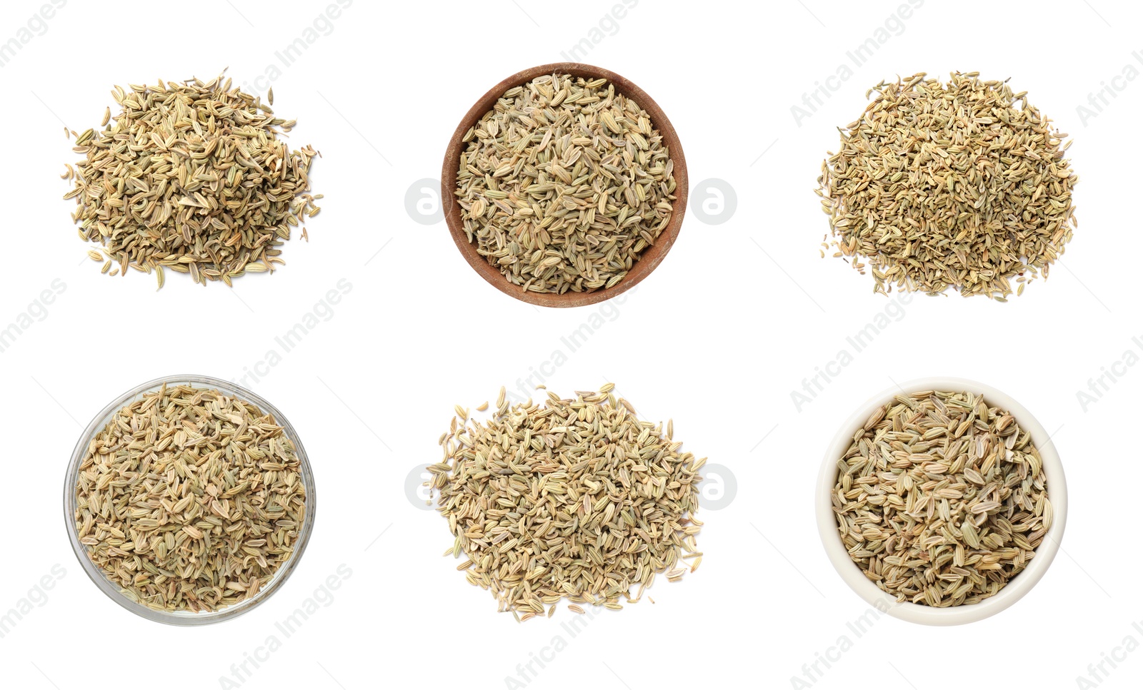 Image of Dry fennel seeds isolated on white, top view