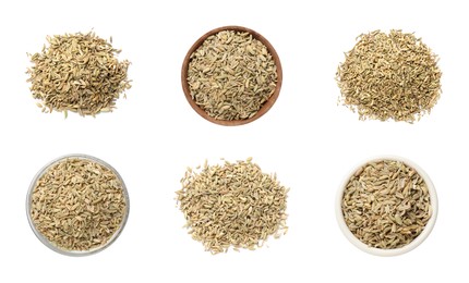 Image of Dry fennel seeds isolated on white, top view