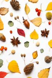 Flat lay composition with autumn leaves on white background