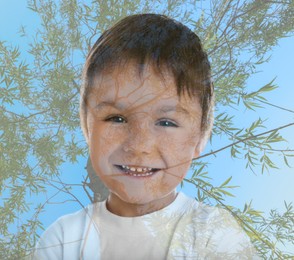 Image of Double exposure of smiling boy and green tree against sky