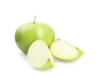 Fresh ripe green apples on white background