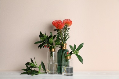 Photo of Vases with beautiful flowers and branches on white wooden table near beige wall