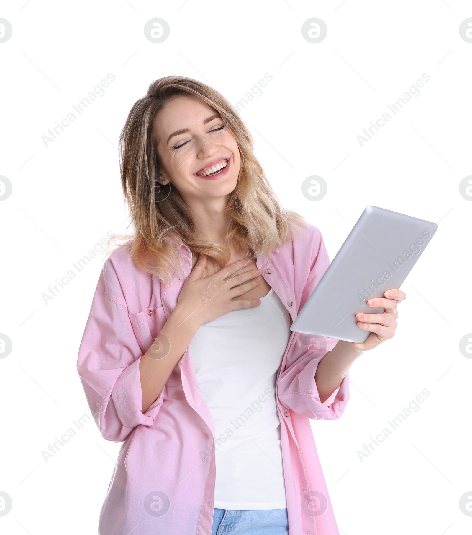 Photo of Woman using tablet for video chat isolated on white