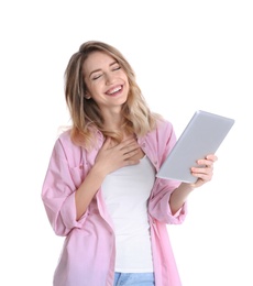 Photo of Woman using tablet for video chat isolated on white