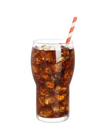 Photo of Glass of refreshing soda drink with ice cubes isolated on white