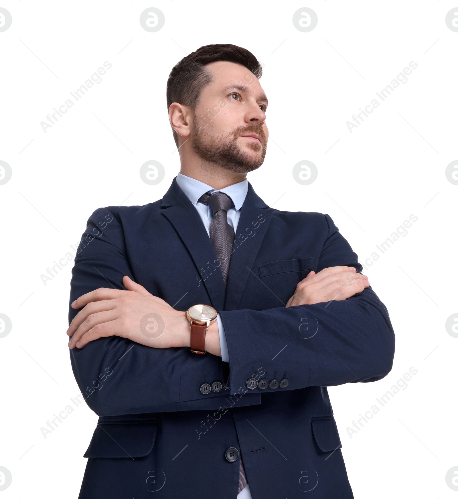 Photo of Handsome bearded businessman in suit on white background, low angle view