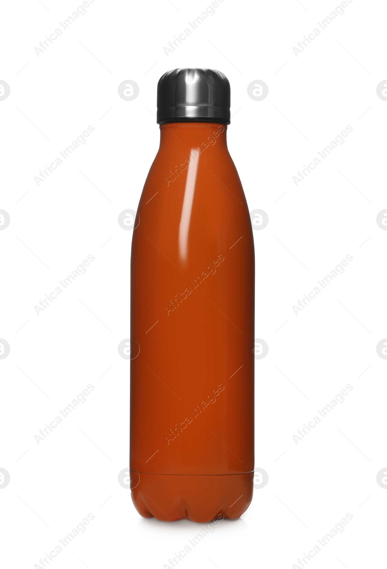 Photo of Modern closed orange thermo bottle isolated on white