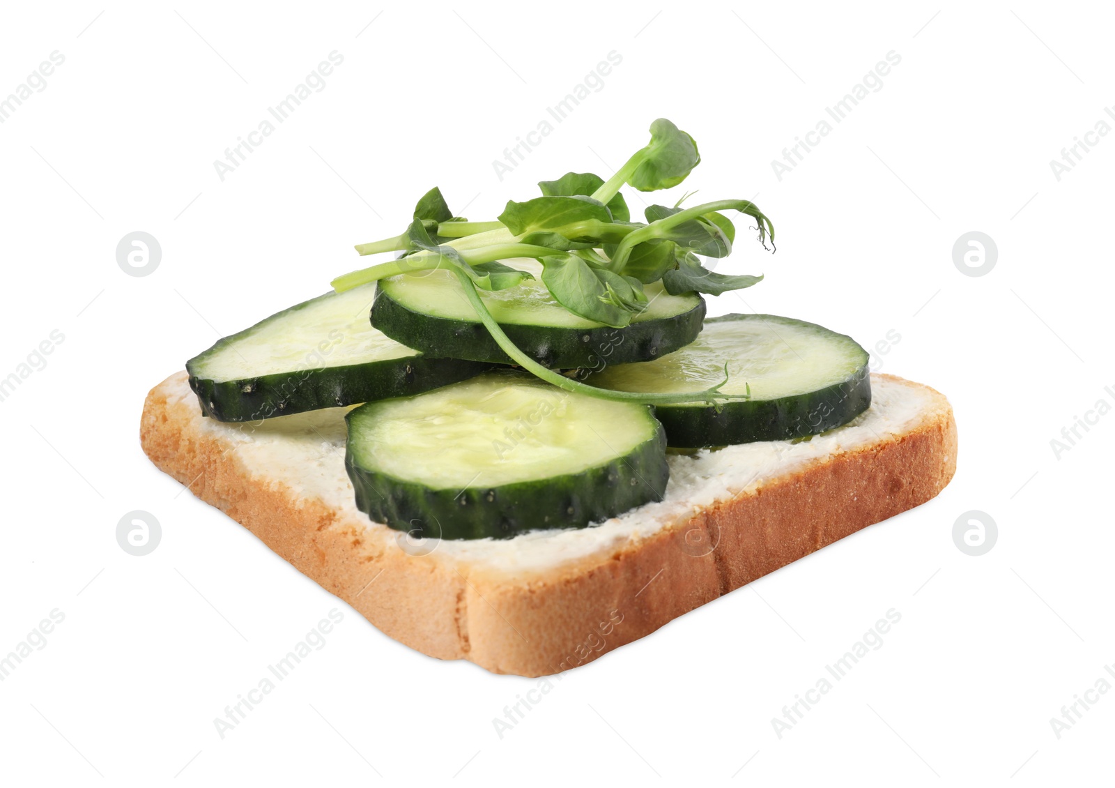 Photo of Tasty toast with cucumber, butter and microgreens isolated on white