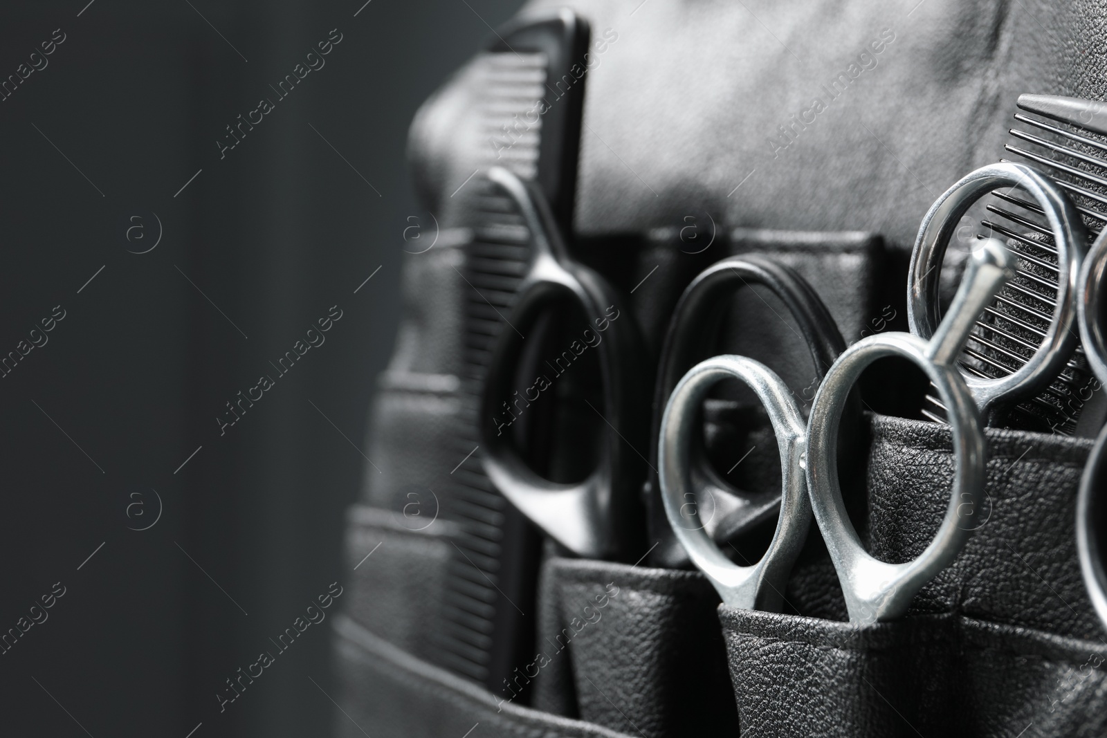 Photo of Hairdresser tools. Professional scissors and combs in leather organizer on blurred background, closeup. Space for text