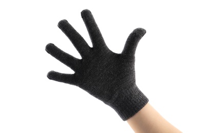 Woman in black woolen glove on white background, closeup. Winter clothes
