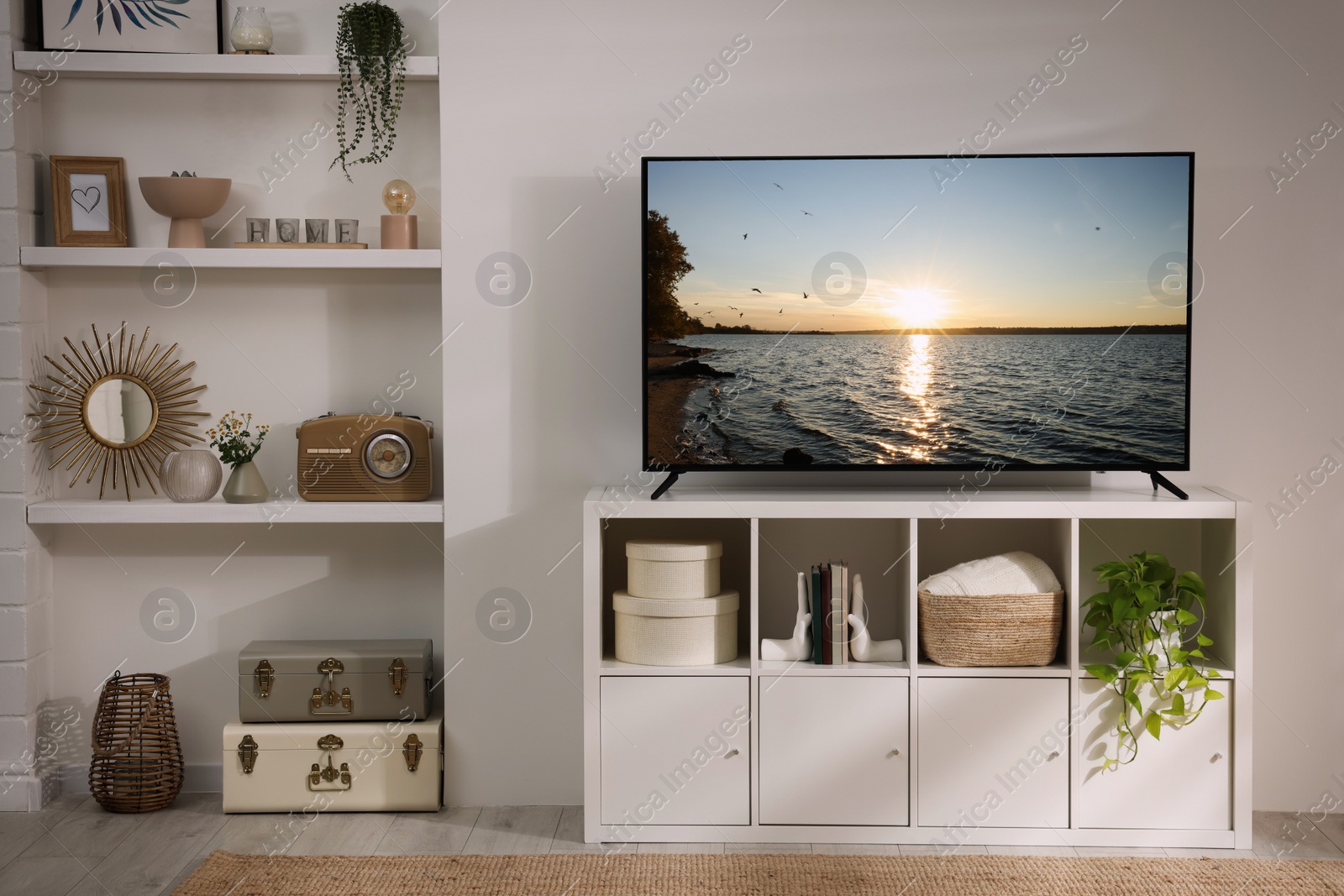 Image of Modern TV set on wooden stand in room. Scene of nature themed movie on screen