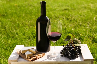 Photo of Red wine and snacks for picnic served on green grass outdoors