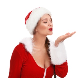 Beautiful Santa girl on white background. Christmas eve