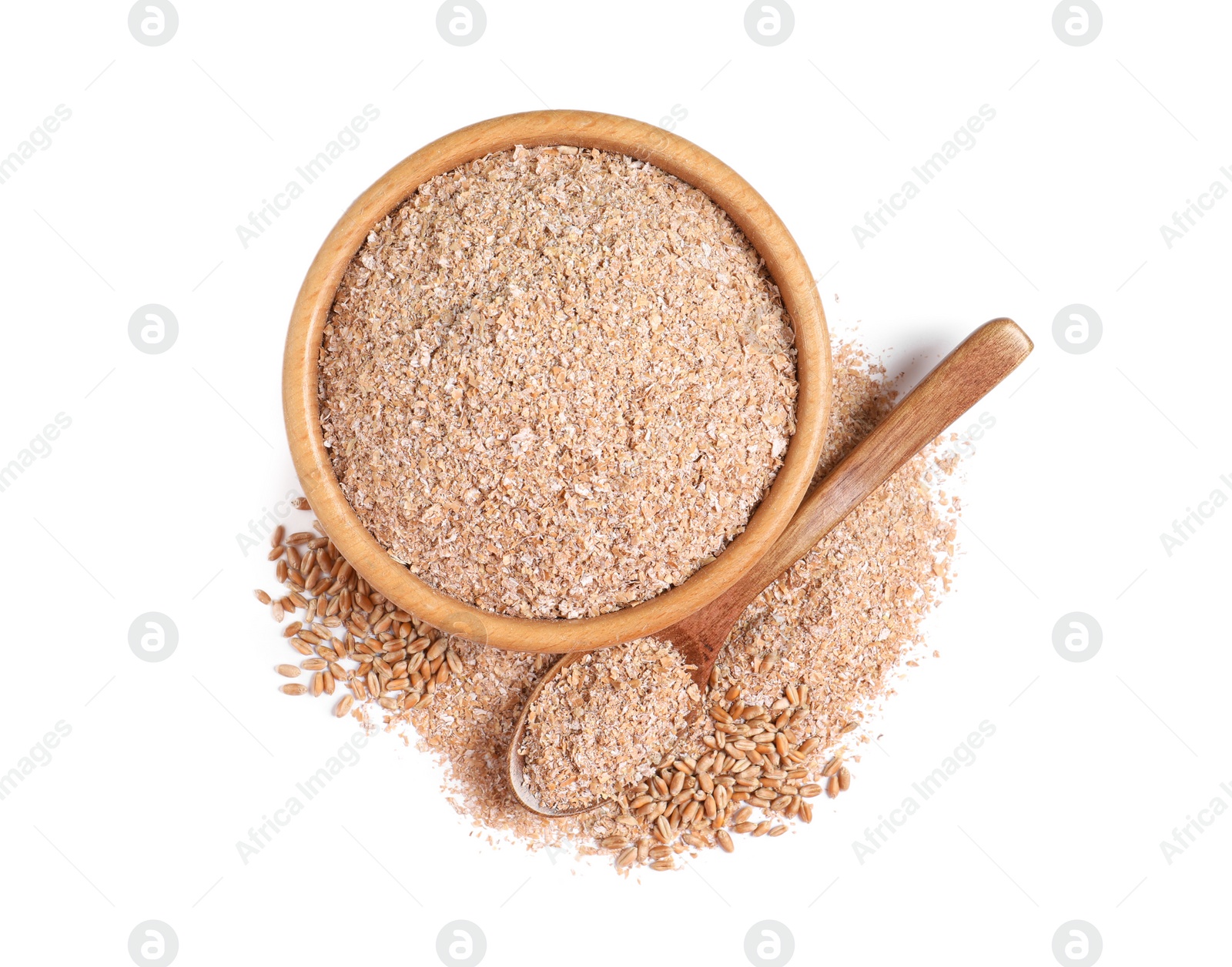 Photo of Wheat bran and kernels on white background, top view