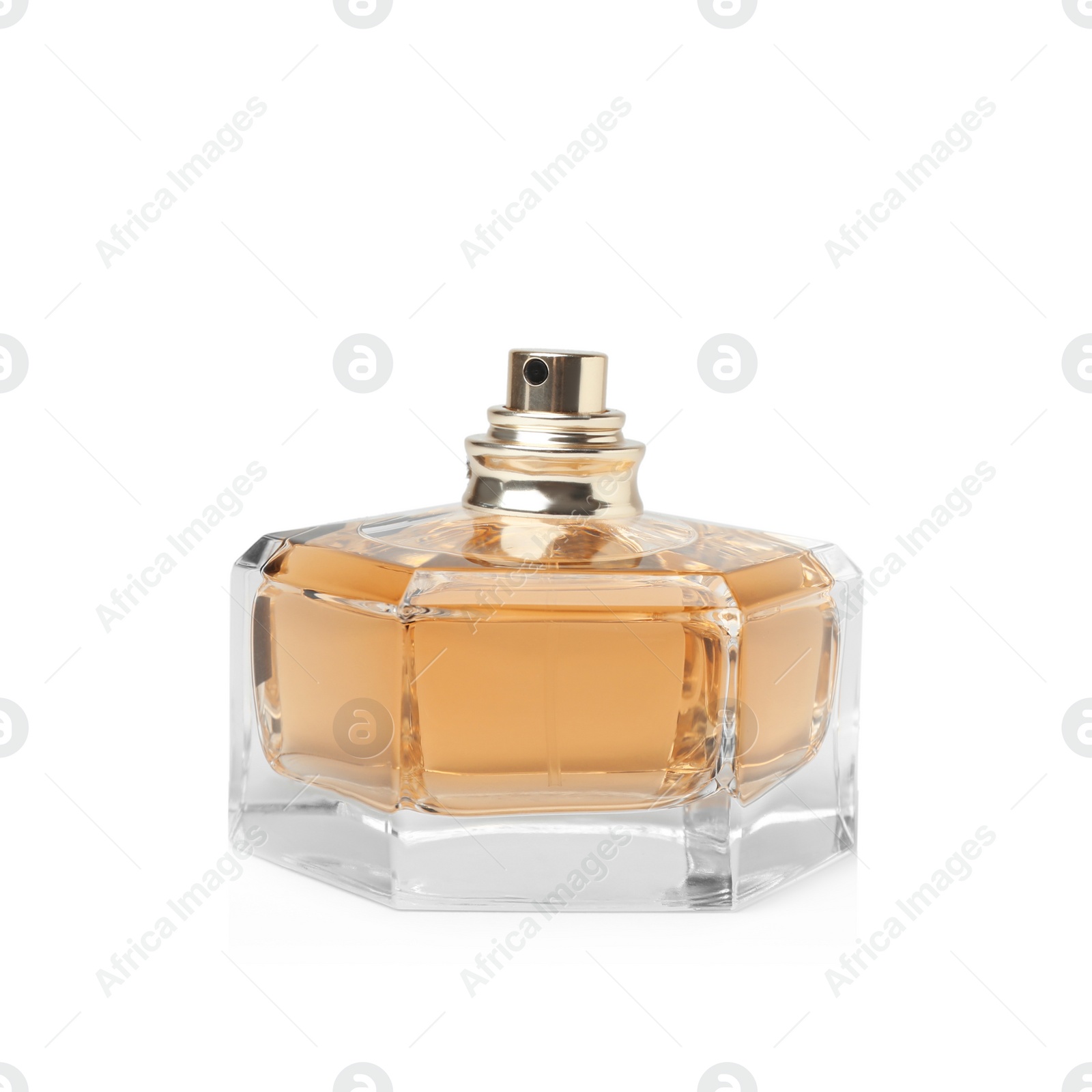 Photo of Transparent bottle of perfume on white background