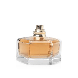 Photo of Transparent bottle of perfume on white background