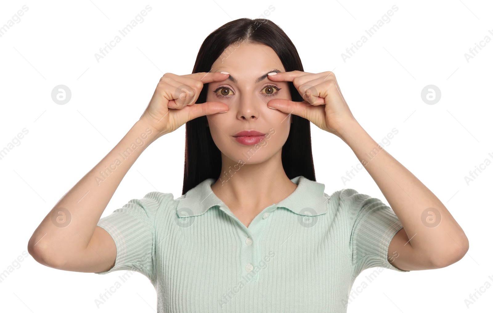 Photo of Woman checking her health condition on white background. Yellow eyes as symptom of problems with liver