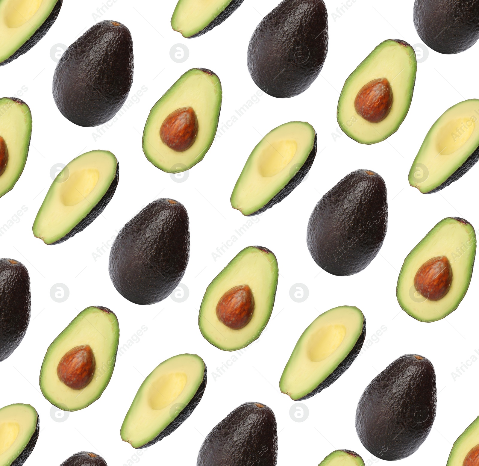 Image of Set of ripe avocados on white background