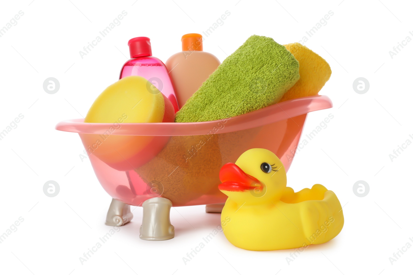 Photo of Baby bathing accessories and toy on white background