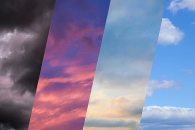 Image of Photos of sky during different weather, collage. Meteorology, forecast, climate change
