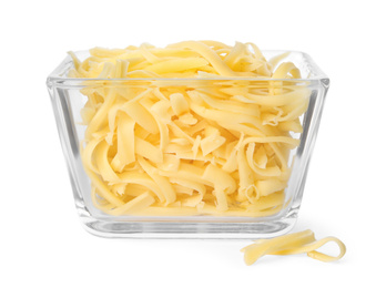 Photo of Glass bowl with grated cheese isolated on white