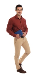 Photo of Young male teacher with book on white background